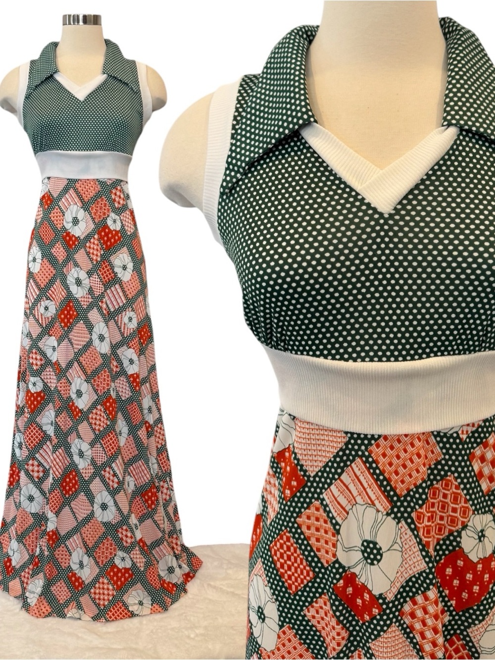 70s Vintage Groovy Plaid Polka Dot Green Halter Dress Maxi Gown & Jacket Set - Picture 8 of 12